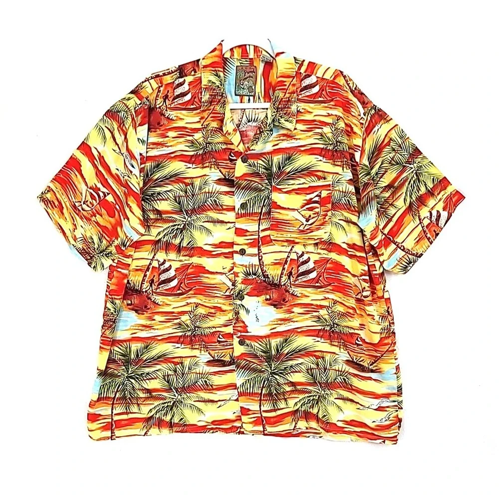 Pineapple Connection Mens Hawaiian Aloha Shirt XL Sunset Surf Palm Island